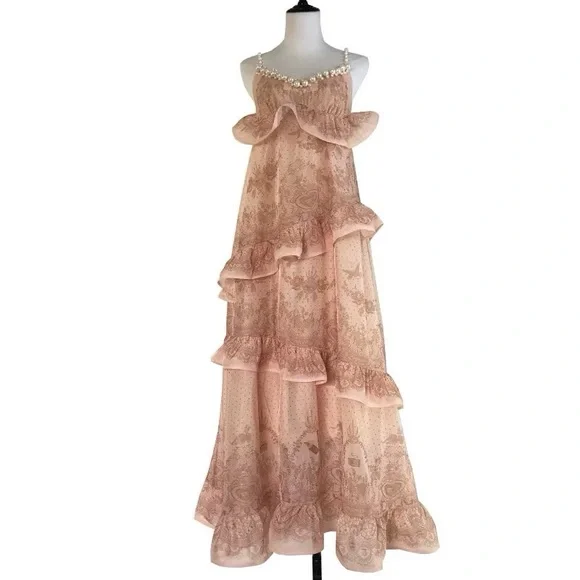 Stunning Designer Pink Chiffon Lace Pearl Maxi Dress